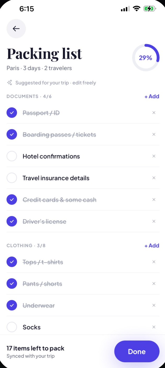 Next Getaway packing list — 29% packed, Documents and Clothing