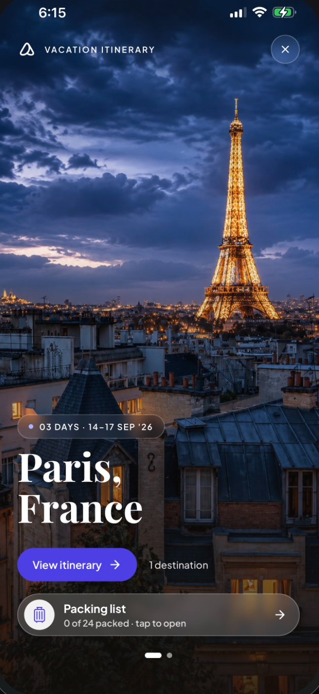 Next Getaway trip screen — Paris, France, with Packing list shortcut